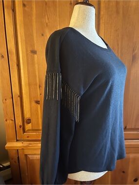 Cool Dark Blue Long-Sleeve Sweater with Fringe Bead Detail